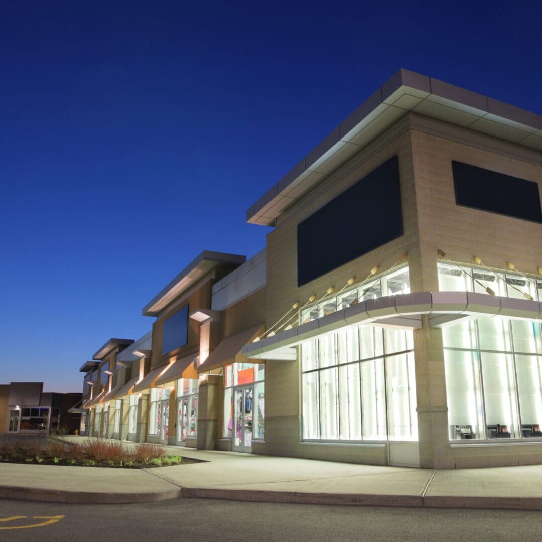 Store Building Exteriors at Sunset