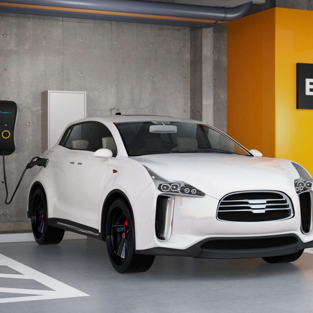 White electric SUV recharging in parking garage. 3D rendering image. original design.